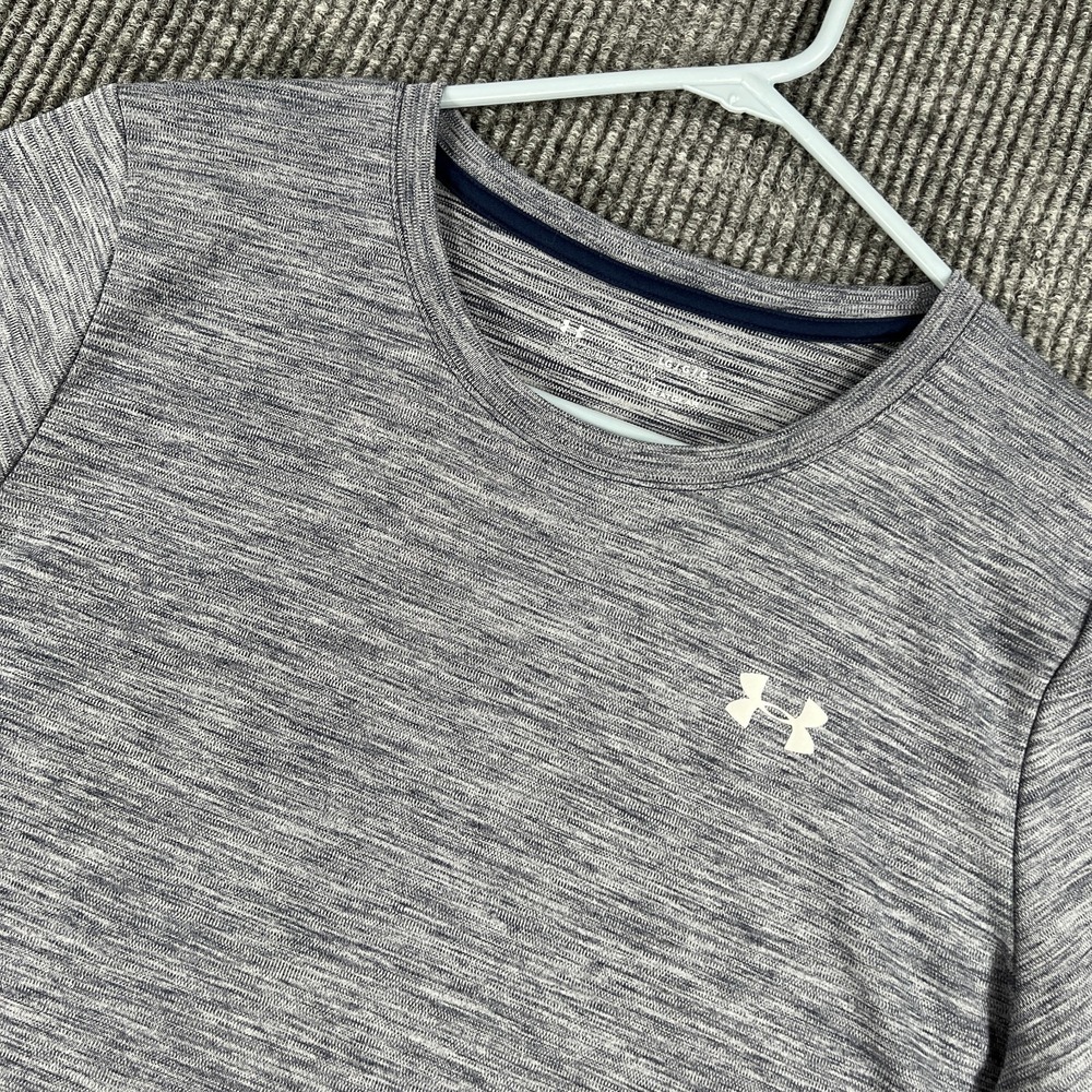 Under Armour Shirt Womens Large Blue Short Sleeve Heat Gear Loose Fit Gym Active